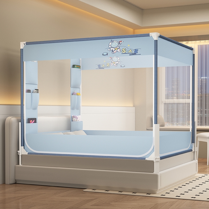 91家纺网 家纺一手货源 找家纺 无瑕家居 2025新款高级围栏家用卧室加粗儿童防止掉床超大空间免安装坐床蚊帐围栏款蚊帐储物围栏蚊帐系列 小小宇航员