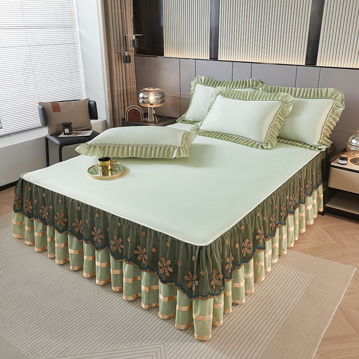 91家纺网 家纺一手货源 找家纺 情恒家纺 2025新款纯色可拆卸PE海洋丝床裙席三件套 薄荷绿