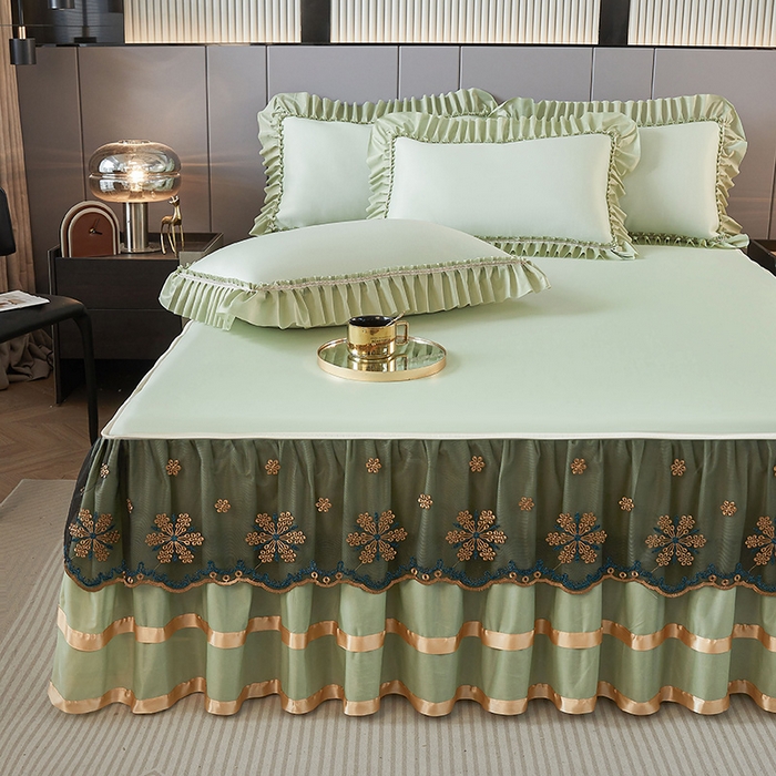 91家纺网 家纺一手货源 找家纺 （总）情恒家纺 2025新款纯色可拆卸PE海洋丝床裙席三件套