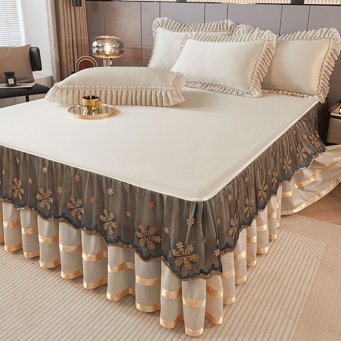 91家纺网 家纺一手货源 找家纺 情恒家纺 2025新款纯色可拆卸PE海洋丝床裙席三件套 奶咖