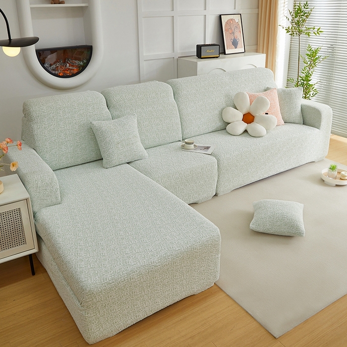 91家纺网 家纺一手货源 找家纺 丝绮鹿 2025新款竹节雪尼尔沙发套松紧款（贵妃图） 薄荷绿