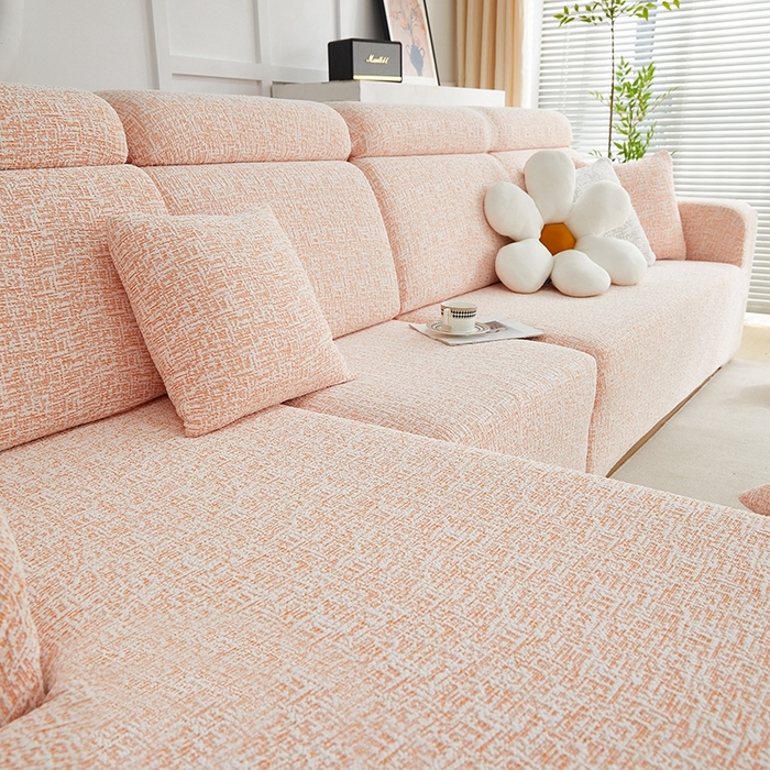 91家纺网 家纺一手货源 找家纺 丝绮鹿 2025新款竹节雪尼尔沙发套松紧款（贵妃图） 奶油橘