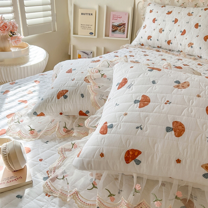 91家纺网 家纺一手货源 找家纺 麒豆豆 2025新款水洗棉印花床笠三件套 蘑菇乐园