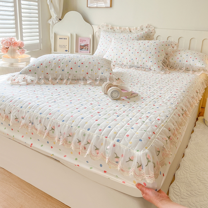 91家纺网 家纺一手货源 找家纺 麒豆豆 2025新款水洗棉印花床笠三件套 奶油波点