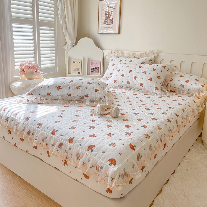 91家纺网 家纺一手货源 找家纺 麒豆豆 2025新款水洗棉印花床笠三件套 蘑菇乐园