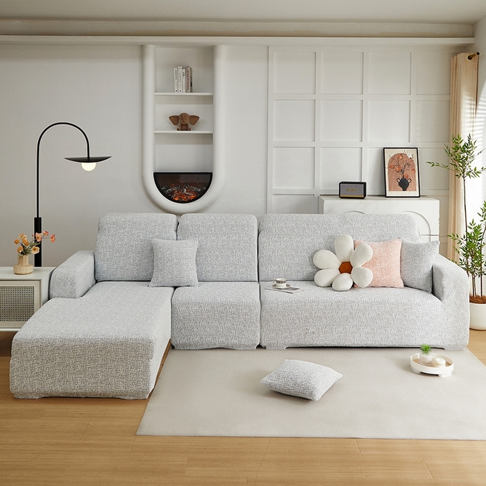 91家纺网 家纺一手货源 找家纺 丝绮鹿 2025新款竹节雪尼尔沙发套松紧款（贵妃图） 月光浅灰