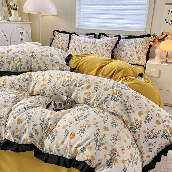 91家纺网 家纺一手货源 找家纺 曼璐家纺 2025新款有氧水洗棉赫本风法式黑色花边四件套 假日-橘