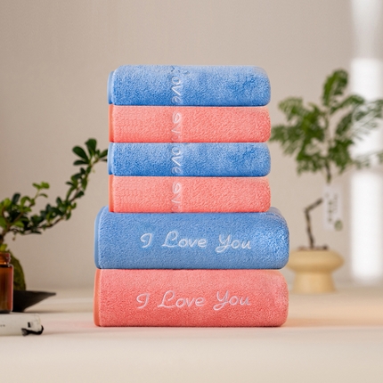 彩虹毛巾2025新款I Love you珊瑚绒毛巾浴巾套装网红情侣浴室加厚毛巾浴巾两件套 【粉+蓝】浴巾各1条+毛巾各2条