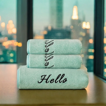 彩虹毛巾2025新款Hello珊瑚绒毛巾浴巾两件套跨境加厚吸水毛巾浴巾套装 1条浴巾+2条毛巾-绿色