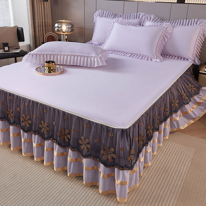 91家纺网 家纺一手货源 找家纺 情恒家纺 2025新款纯色可拆卸PE海洋丝床裙席三件套 优雅紫