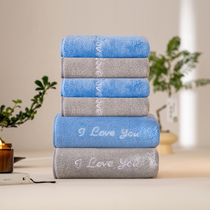 彩虹毛巾2025新款I Love you珊瑚绒毛巾浴巾套装网红情侣浴室加厚毛巾浴巾两件套 【蓝+灰】浴巾各1条+毛巾各2条