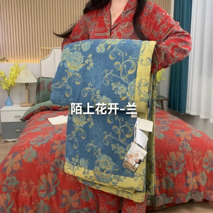 鲁爱家纺供货 2025新款全棉双层纱提花夏被 陌上花开-兰