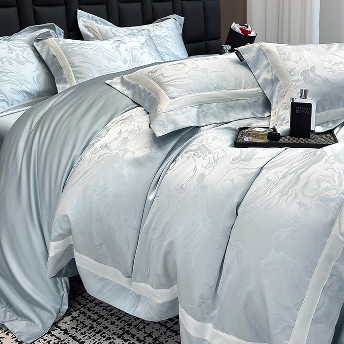 91家纺网 家纺一手货源 找家纺 乔利·卡沃 2025新品床上用品高端A类100支天丝棉贡缎提花四件套全棉纯棉长绒棉夏季轻奢真丝全工艺 南溪-梦影蓝