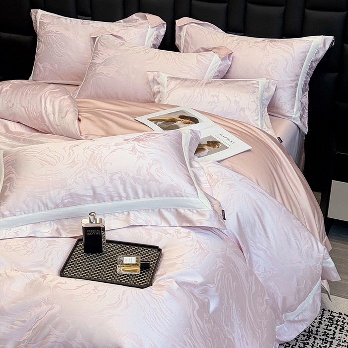 91家纺网 家纺一手货源 找家纺 2025新品床上用品高端A类100支天丝棉贡缎提花四件套全棉纯棉长绒棉夏季轻奢真丝全工艺 南溪-伊莎粉