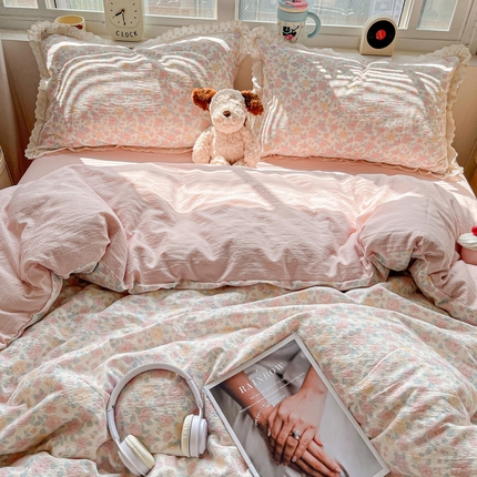 2025新款云感木棉皱皱双层纱全棉花边四件套 春风里