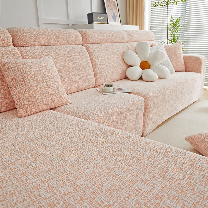 91家纺网 家纺一手货源 找家纺 丝绮鹿 2025新款竹节雪尼尔沙发套松紧款（贵妃图） 奶油橘