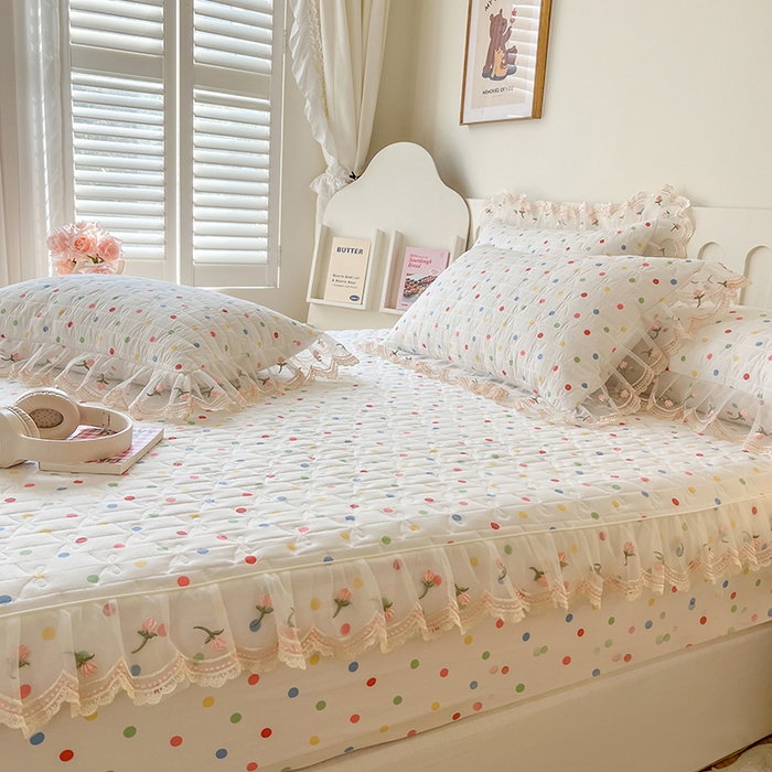 91家纺网 家纺一手货源 找家纺 麒豆豆 2025新款水洗棉印花床笠三件套 奶油波点