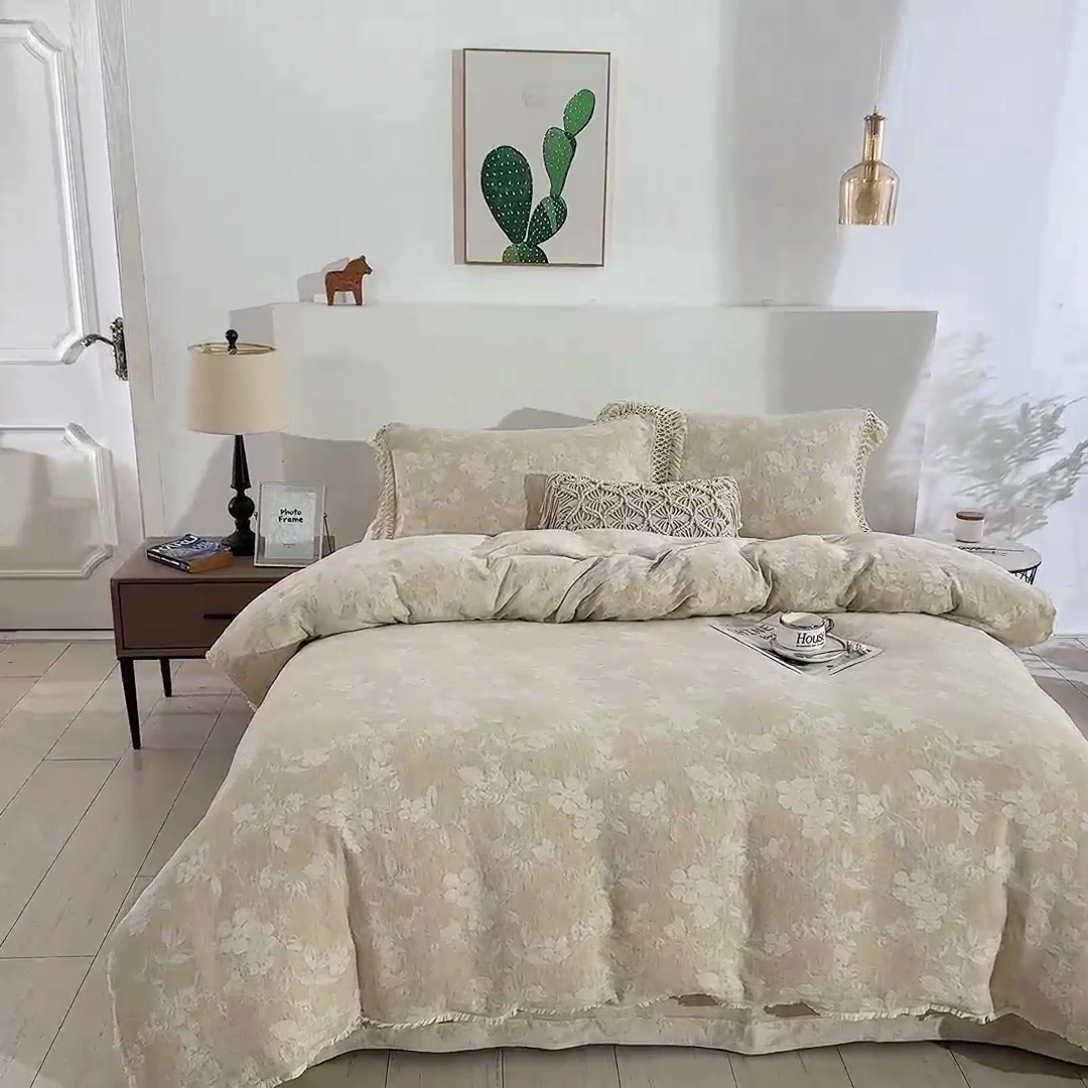 91家纺网 家纺一手货源 找家纺 鲁爱家纺供货 2025新款棉麻流苏款四件套 枫丹白露