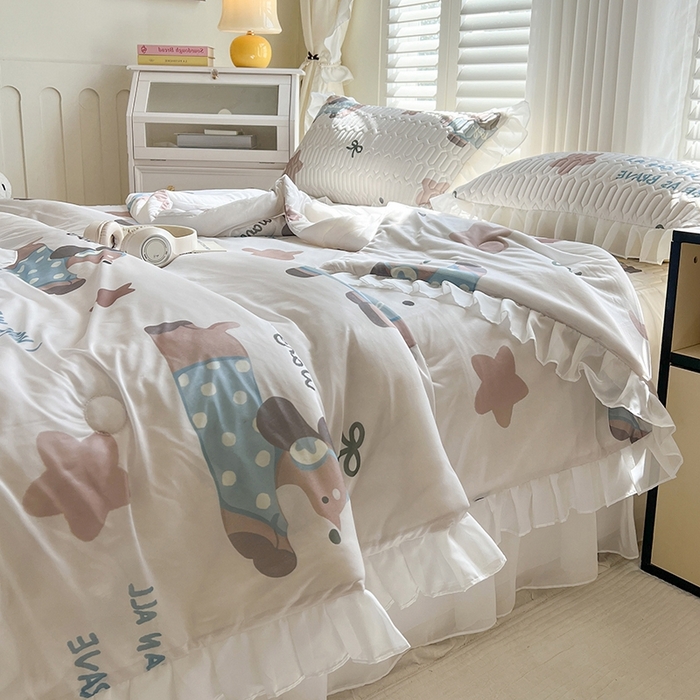 91家纺网 家纺一手货源 找家纺 慕澄2025新款小版印花床裙款乳胶凉席凉感丝夏被四件套 星星狗