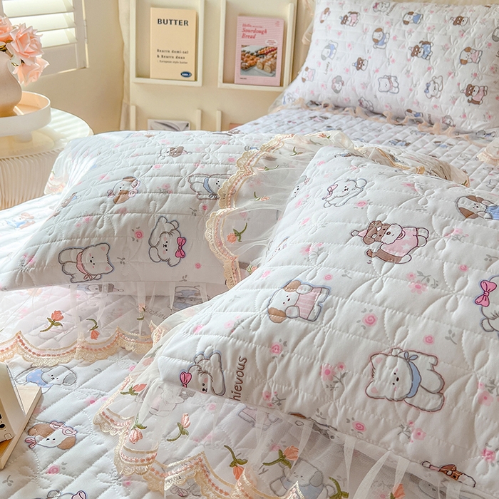 91家纺网 家纺一手货源 找家纺 麒豆豆 2025新款水洗棉印花床笠三件套 汪汪乐园