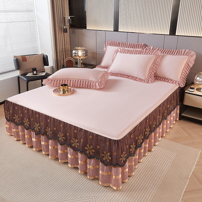 91家纺网 家纺一手货源 找家纺 情恒家纺 2025新款纯色可拆卸PE海洋丝床裙席三件套 密语粉