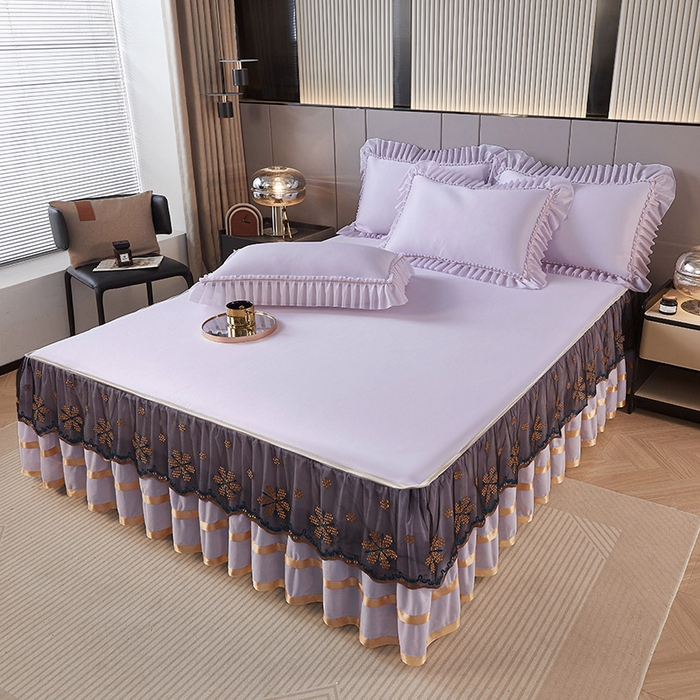 91家纺网 家纺一手货源 找家纺 情恒家纺 2025新款纯色可拆卸PE海洋丝床裙席三件套 优雅紫