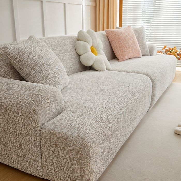 91家纺网 家纺一手货源 找家纺 丝绮鹿 2025新款竹节雪尼尔沙发套松紧款（大三人图）  温柔咖