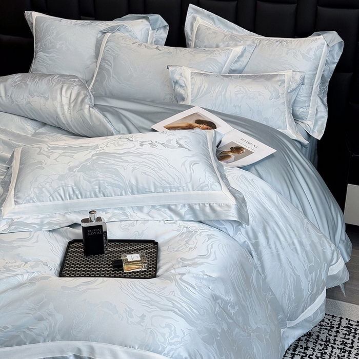 91家纺网 家纺一手货源 找家纺 乔利·卡沃 2025新品床上用品高端A类100支天丝棉贡缎提花四件套全棉纯棉长绒棉夏季轻奢真丝全工艺 南溪-梦影蓝