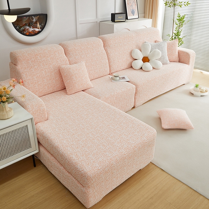 91家纺网 家纺一手货源 找家纺 丝绮鹿 2025新款竹节雪尼尔沙发套松紧款（贵妃图） 奶油橘