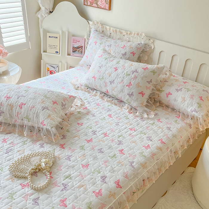 91家纺网 家纺一手货源 找家纺 麒豆豆 2025新款水洗棉印花床笠三件套 蝶之舞