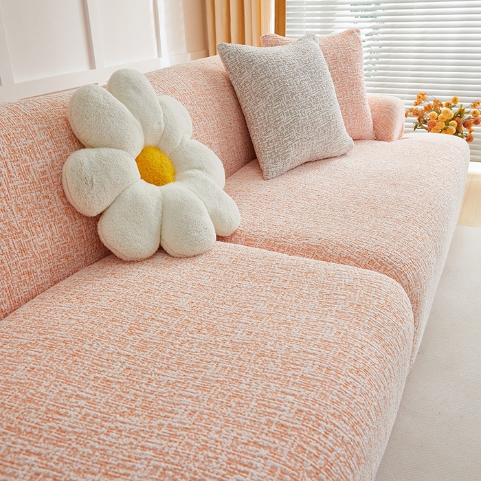 91家纺网 家纺一手货源 找家纺 丝绮鹿 2025新款竹节雪尼尔沙发套松紧款（大三人图）  奶油橘