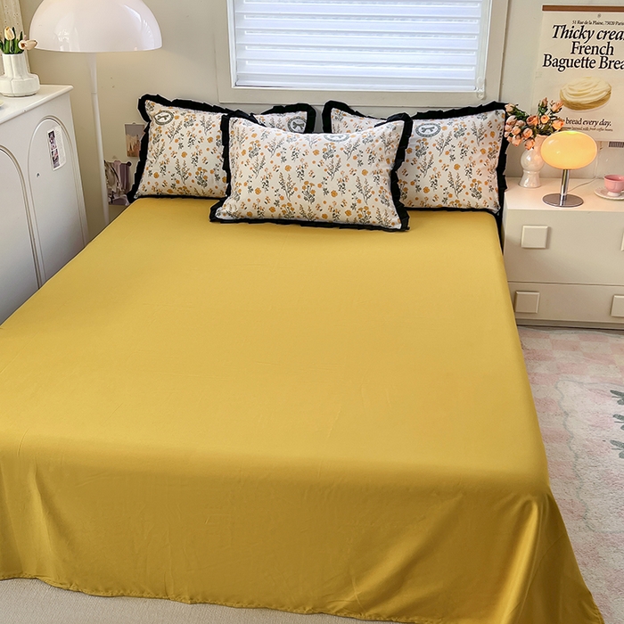 91家纺网 家纺一手货源 找家纺 曼璐家纺 2025新款有氧水洗棉赫本风法式黑色花边四件套 假日-橘