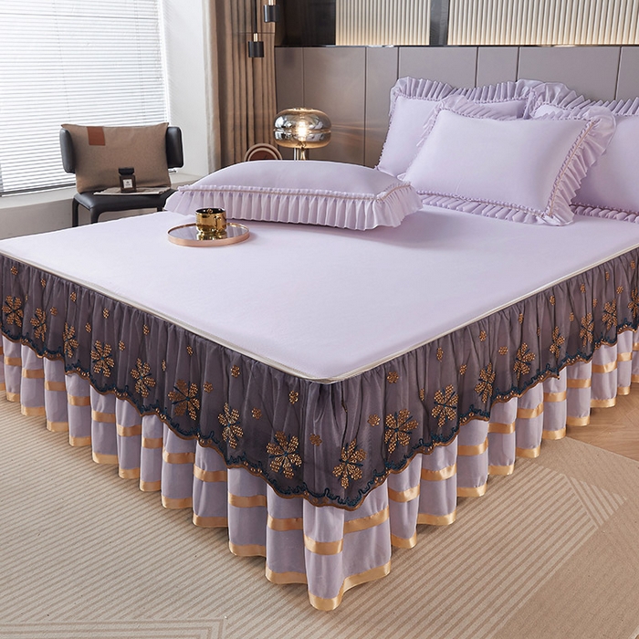 91家纺网 家纺一手货源 找家纺 情恒家纺 2025新款纯色可拆卸PE海洋丝床裙席三件套 优雅紫