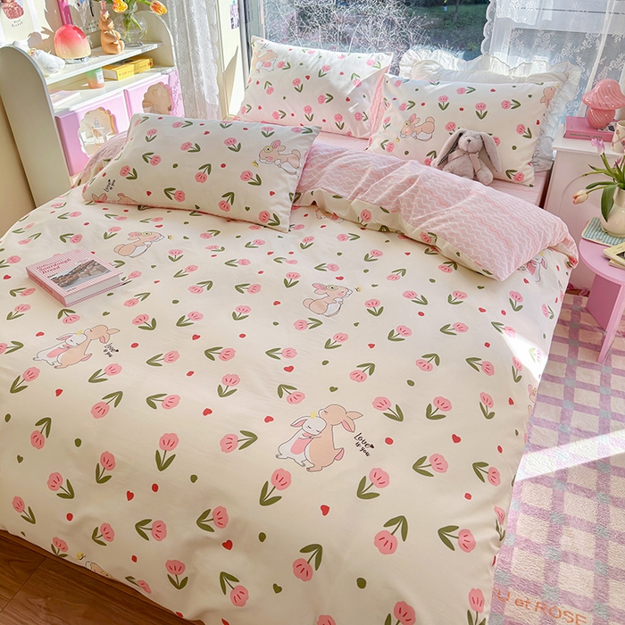 91家纺网 家纺一手货源 找家纺 琪格格 2025春夏新款全棉纯棉40S13372小清新四件套 小粉兔