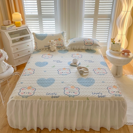 慕澄2025新款小清新印花凉感丝花床裙款乳胶凉席 爱心小熊