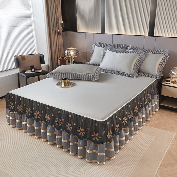 91家纺网 家纺一手货源 找家纺 情恒家纺 2025新款纯色可拆卸PE海洋丝床裙席三件套 绅士灰