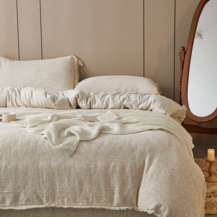 鲁爱家纺供货 2025新款棉麻流苏款四件套 棉麻小花