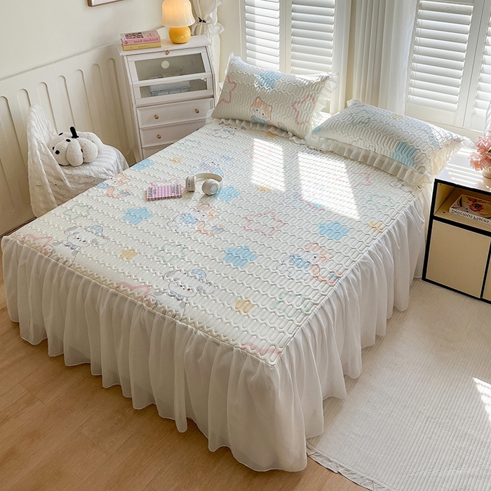 91家纺网 家纺一手货源 找家纺 慕澄2025新款小版印花床裙款乳胶凉席凉感丝夏被四件套 夏日幸福