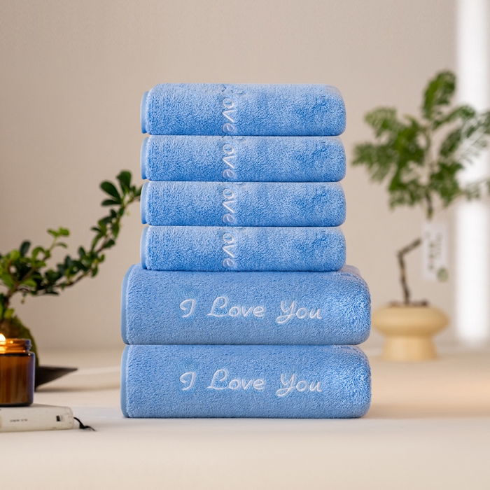 91家纺网 家纺一手货源 找家纺 彩虹毛巾2025新款I Love you珊瑚绒毛巾浴巾套装网红情侣浴室加厚毛巾浴巾两件套 2条浴巾+4条毛巾-蓝色
