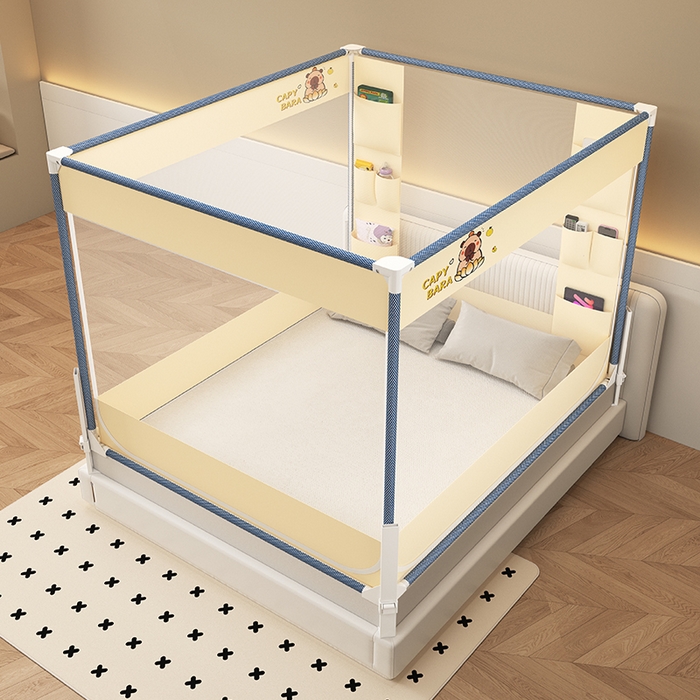 91家纺网 家纺一手货源 找家纺 无瑕家居 2025新款高级围栏家用卧室加粗儿童防止掉床超大空间免安装坐床蚊帐围栏款蚊帐储物围栏蚊帐系列 卡皮巴拉黄