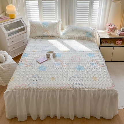 慕澄2025新款小清新印花凉感丝花床裙款乳胶凉席 夏日幸福