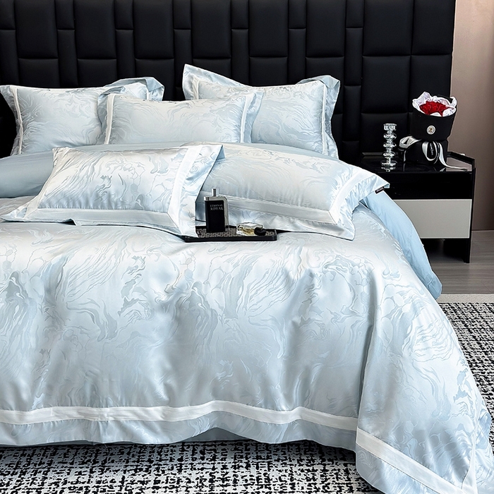 91家纺网 家纺一手货源 找家纺 2025新品床上用品高端A类100支天丝棉贡缎提花四件套全棉纯棉长绒棉夏季轻奢真丝全工艺 南溪-梦影蓝