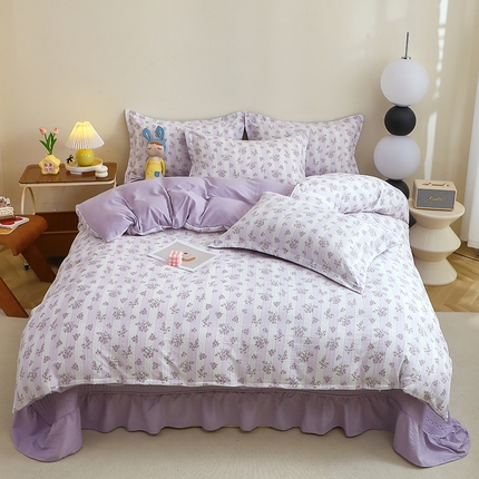 91家纺网 家纺一手货源 找家纺 一比一家纺 2025新款云感皱皱双层纱床盖四件套 半暖时光-紫