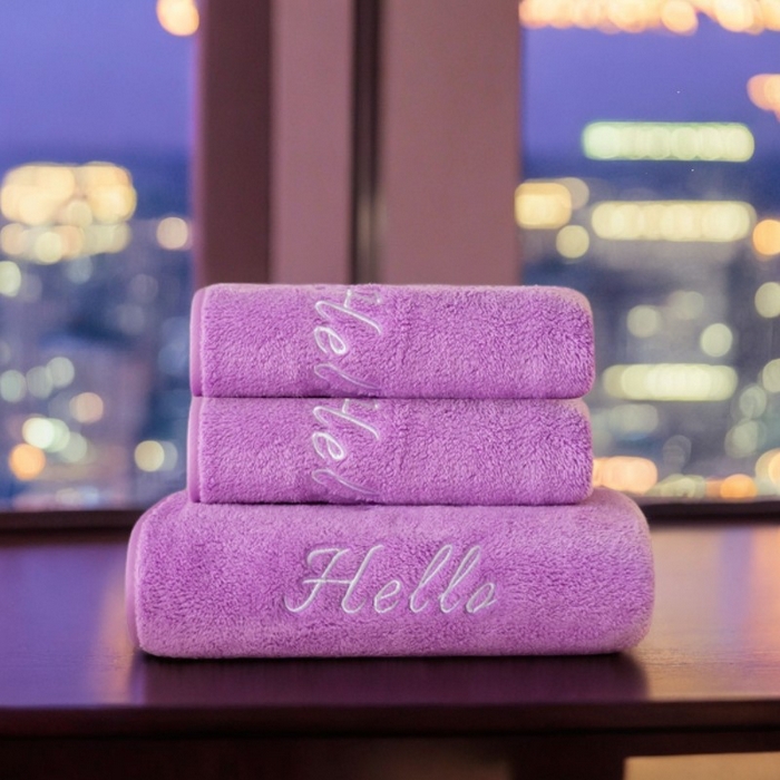 91家纺网 家纺一手货源 找家纺 彩虹毛巾2025新款Hello珊瑚绒毛巾浴巾两件套跨境加厚吸水毛巾浴巾套装 1条浴巾+2条毛巾-紫色
