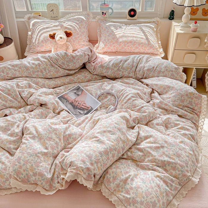 91家纺网 家纺一手货源 找家纺 （总）2025新款云感木棉皱皱双层纱全棉花边四件套