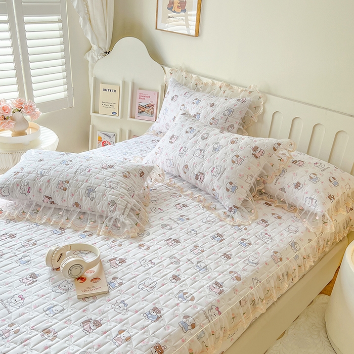 91家纺网 家纺一手货源 找家纺 麒豆豆 2025新款水洗棉印花床笠三件套 汪汪乐园