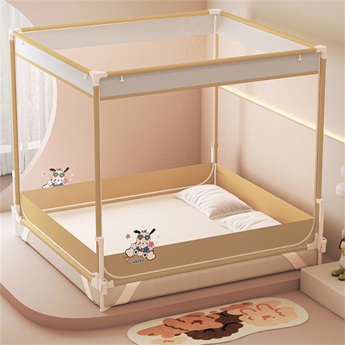 91家纺网 家纺一手货源 找家纺 （总）迪凡保罗蚊帐 2025新款2510小奶狗烫画围栏级防摔外穿杆坐床蚊帐