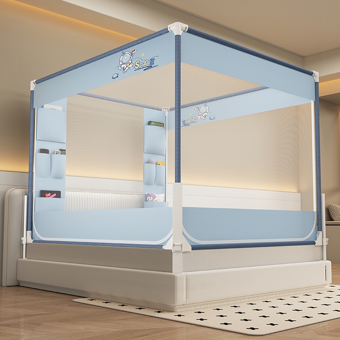 91家纺网 家纺一手货源 找家纺 无瑕家居 2025新款高级围栏家用卧室加粗儿童防止掉床超大空间免安装坐床蚊帐围栏款蚊帐储物围栏蚊帐系列 小小宇航员