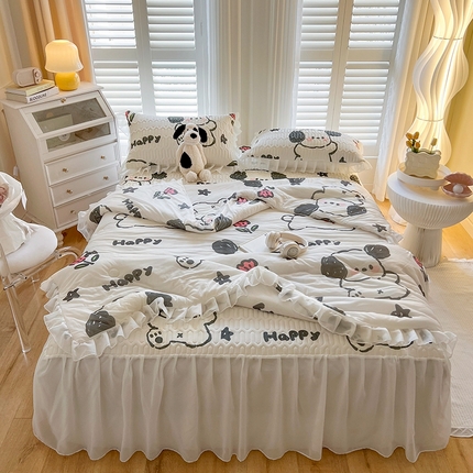 91家纺网 家纺一手货源 找家纺 慕澄2025新款小版印花床裙款乳胶凉席凉感丝夏被四件套 快乐小狗