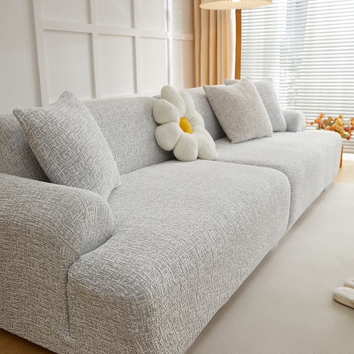 91家纺网 家纺一手货源 找家纺 丝绮鹿 2025新款竹节雪尼尔沙发套松紧款（大三人图）  月光浅灰